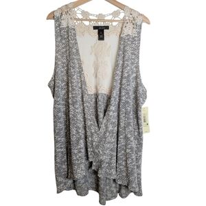 NWT Ali Miles Lace Sleeveless Long Open Front Cardigan Vest Gray size Large Boho